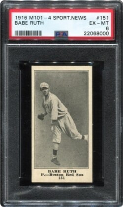 A 1916 Sporting News Babe Ruth rookie card from the collection of Dr. Thomas Newman is seen in an undated photo ahead of an online auction by Memory Lane Auctions. Courtesy of Memory Lane, Inc/Handout via REUTERS