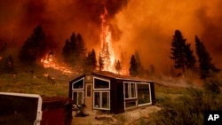 Kebakaran hutan yang dijuluki "The Tamarack Fire" berkobar di belakang sebuah rumah kaca di komunitas Markleeville di Alpine County, California, 17 Juli 2021. (Foto: AP/Noah Berger)
