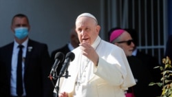 Pope Francis speaks during a visit to the Bethlehem Center in Bratislava, Slovakia, Sept. 13, 2021. 