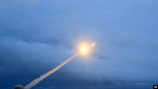 This video grab provided by RU-RTR Russian television via AP television, March 1, 2018, shows the launch of what President Vladimir Putin said is Russia's new nuclear-powered intercontinental cruise missile.