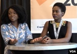 FILE - Afua Osei, left, and Dami Oyefeso host a gathering on funding tech startups at SXSW in Austin, Texas, March 13, 2018 (K. Choudhury/VOA)