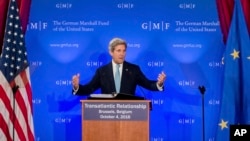 U.S. Secretary of State John Kerry talks on the future of "Transatlantic Relations" during an event hosted by The German Marshall Fund (GMF) and the U.S. Mission to the EU at Concert Noble in Brussels, Oct. 4, 2016.