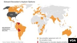 Màu vàng: Các nước có hiệp định dẫn độ với Mỹ
Màu xám: Các nước không có hiệp định dẫn độ
Màu đỏ: Chấp nhận cho ông Snowden tỵ nạn bất chấp có hiệp ước dẫn độ