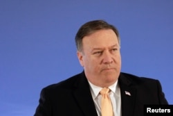 FILE - U.S. Secretary of State Mike Pompeo pauses while speaking at the State Department in Washington, June 28, 2018.