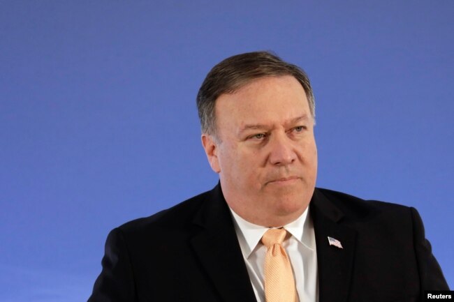 FILE - U.S. Secretary of State Mike Pompeo pauses while speaking at the State Department in Washington, June 28, 2018.