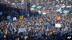 Thousands of teachers gather during a trade unions rally in downtown Ljubljana, Slovenia, Feb. 14, 2018. 