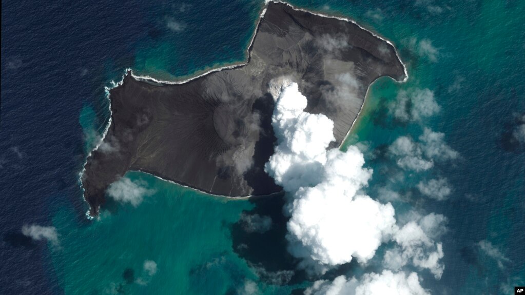 This satellite image provided by Maxar Technologies shows an overview of Hunga Tonga Hunga Ha'apai volcano in Tonga on Jan. 6, 2022, before a huge undersea volcanic eruption. (Satellite image ©2022 Maxar Technologies via AP, File)