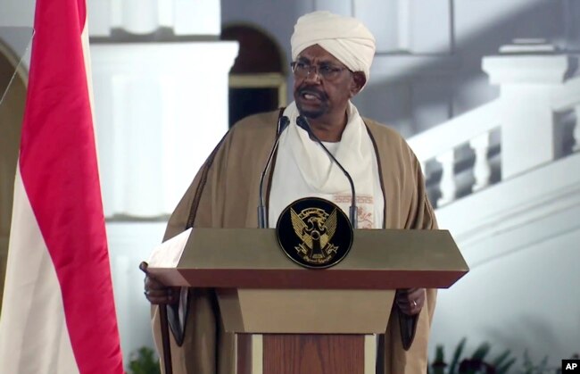 Sudan's President Omar al-Bashir speaks at the Presidential Palace, Feb. 22, 2019, in Khartoum, Sudan.