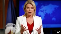 FILE - State Department spokeswoman Heather Nauert, shown during a briefing in Washington on Aug. 9, 2017.