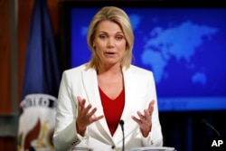 State Department spokeswoman Heather Nauert, shown during a briefing in Washington on Aug. 9, 2017, reaffirmed the U.S. position on a snap Venezuela election saying, “This vote would be neither free nor fair. It would only deepen, not help resolve, national tensions.”