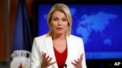 FILE - State Department spokeswoman Heather Nauert is pictured during a briefing in Washington, Aug. 9, 2017.
