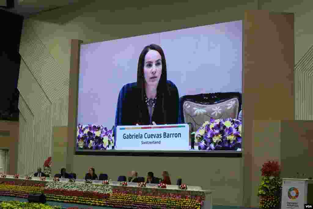 អ្នកស្រី Gabriela Cuavas Barron ប្រធានសហភាពអន្តរសភាប្រទេសស្វីស ថ្លែងក្នុងកិច្ចពិភាក្សាស្តីអំពីតួនាទីរបស់ស្រ្តីក្នុងភាពជាអ្នកដឹកនាំនយោបាយ ក្នុងវេទិកាដៃគូអន្តរជាតិស្តីអំពីសុខភាពស្រ្តី ទារក និងកុមារ នៅទីក្រុងញូវដេលី ប្រទេសឥណ្ឌា នៅថ្ងៃទី១២ ខែវិច្ឆិកា ឆ្នាំ២០១៨។ (កាន់ វិច្ឆិកា/VOA)