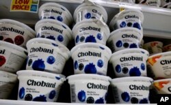 Chobani greek yogurt sits on display in a market in Pittsburgh, Aug. 8, 2018.