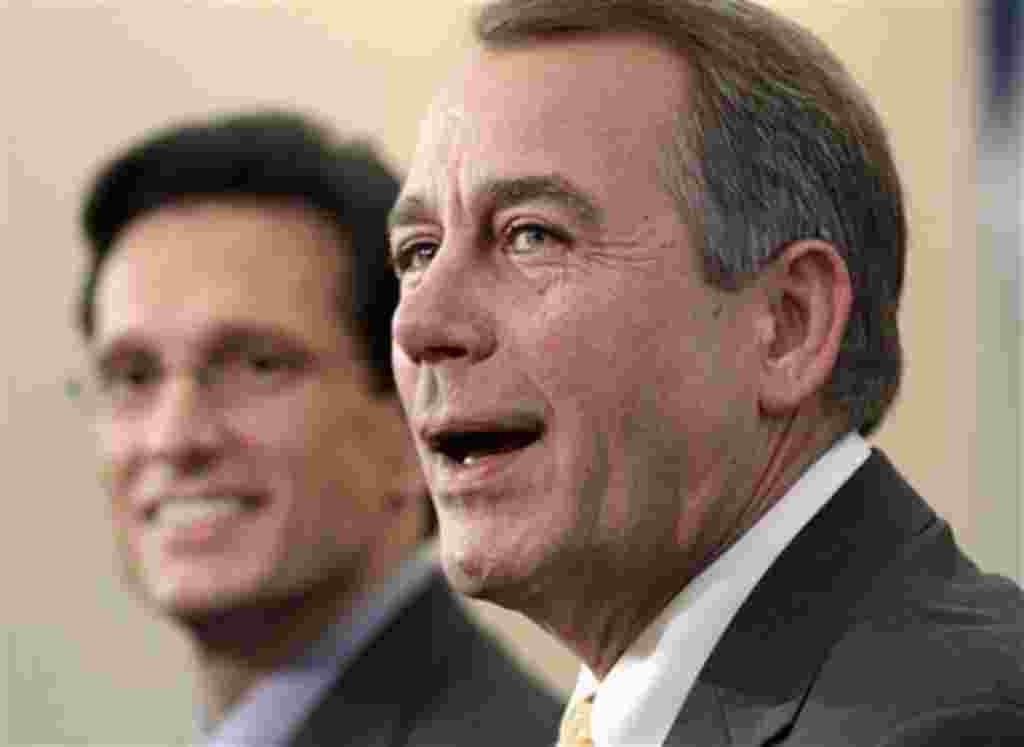 House Republican leader John Boehner of Ohio, right, joined by House GOP Whip Eric Cantor, R-Va., talks about the changes in balance of power in Congress that will elevate him to speaker of the House, 3 Nov. 2010.