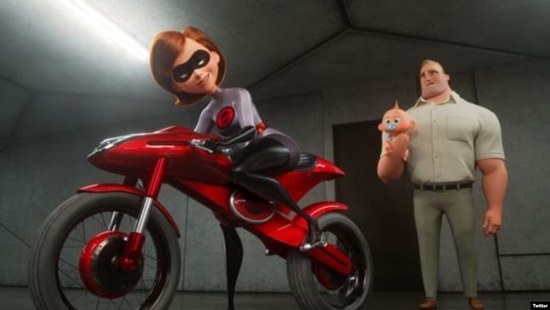 Elastigirl (voiced by Holly Hunter, left) hops on the Elasticycle and goes back to superhero work while Mr. Incredible (Craig T. Nelson) stays at home with the kids in "Incredibles 2."