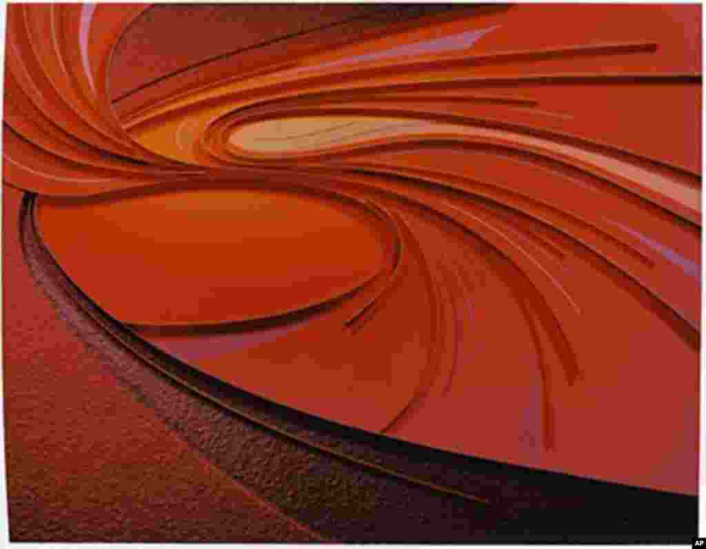 Tina York graphically depicts the principles of fluid dynamics, the movement of gases as a solid body passes through them. York researched this concept at California's NASA Ames Research Center while participating in the NASA Art Program. (NASA Art Progra