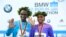 Eliud Kipchoge, à gauche et Cherono lors de leur victoire au marathon de Berlin, Allemagne, le 27 septembre 2015.
