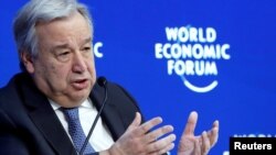 Sekretaris Jenderal PBB Antonio Guterres saat menghadiri pertemuan Forum Ekonomi Dunia di Davos, Swiss, 24 Januari 2019. 