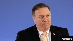 FILE - U.S. Secretary of State Mike Pompeo pauses while speaking at the State Department in Washington, June 28, 2018.