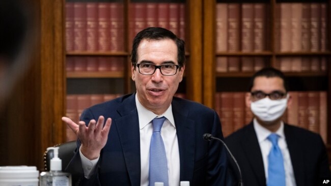 美国财政部长姆努钦在参议院一场听证会上发言。(2020年6月10日)