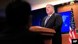 Secretary of State Mike Pompeo speaks during a news conference at the State Department in Washington, Aug. 5, 2020. 