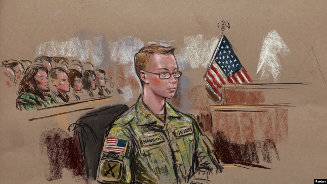 Binh nhất Bradley Manning trong bức phác thảo tại 1 phiên tòa ở Fort Meade, Maryland