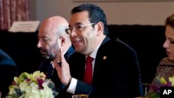 Guatemala's President Jimmy Morales speaks during the second Conference for Prosperity and Security in Central America at State Department, Oct. 11, 2018, in Washington. 