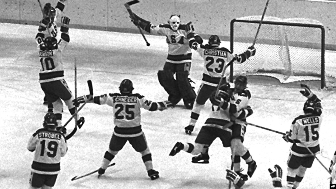 Members of the 1980 U.S. Olympic hockey team celebrate after their upset victory over the heavily favored Soviet team by 4-3 score in the Winter Olympics in Lake Placid, N.Y., on Feb. 22, 1980.