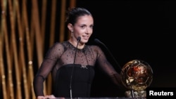 Barcelona's Aitana Bonmati after winning the women's Ballon d'Or, Chatelet Theatre, Paris, Oct. 30, 2023