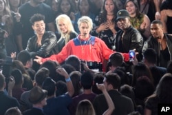 Justin Bieber performs “Love Yourself” and “Company” during the iHeartRadio Music Awards at The Forum, April 3, 2016, in Inglewood, California.