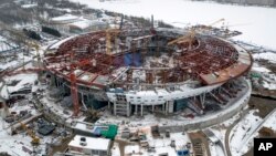 An aerial view taken on Feb. 15, 2015 shows the construction site of the new Stadium which will host matches of the 2018 World Cup in St. Petersburg, Russia.