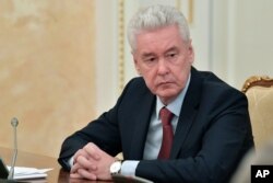 Moscow Mayor Sergei Sobyanin attends a cabinet meeting with Prime Minister Mikhail Mishustin in Moscow, Russia, March 30, 2020.