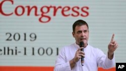 Congress Party president Rahul Gandhi, addresses the media after the release of Congress party's manifesto for the upcoming general elections, in New Delhi, India, Tuesday, April 2, 2019. 
