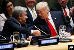 United Nations Secretary General Antonio Guterres, left, shakes hands with President Donald Trump during the "Global Call to Action on the World Drug Problem" at the United Nations General Assembly, Monday, Sept. 24, 2018, at U.N. Headquarters.