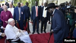 South Sudan's President Salva Kiir receives Pope Francis at the Presidential Palace during the pope's apostolic journey in Juba, South Sudan, Feb. 3, 2023. 