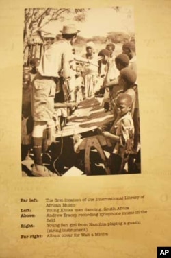 A photo of Andrew Tracey recording xylophone music in Mozambique on display at ILAM