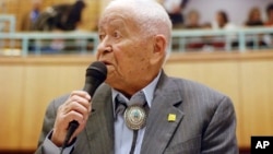 Democratic New Mexico state Sen. John Pinto talks about his career as a lawmaker on American Indian Day in the Legislature on Feb. 2, 2018, in Santa Fe.