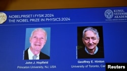 John J Hopfield y Geoffrey E Hinton reciben el Premio Nobel de Física de este año, anunciado en una conferencia de prensa en la Real Academia Sueca de Ciencias en Estocolmo, Suecia, el 8 de octubre de 2024