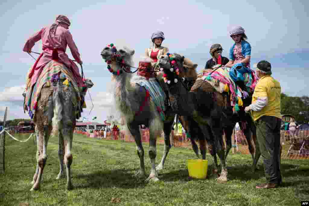 Camels and their jockeys prepare to take part in a race at the 20th annual Bronte Vintage Gathering, a country show and steam rally, in the village of Cullingworth, near Bradford, northern England, May 12, 2018.