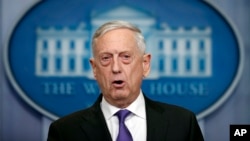 FILE - Defense Secretary Jim Mattis speaks during the daily press briefing at the White House, in Washington, Feb. 7, 2018. 