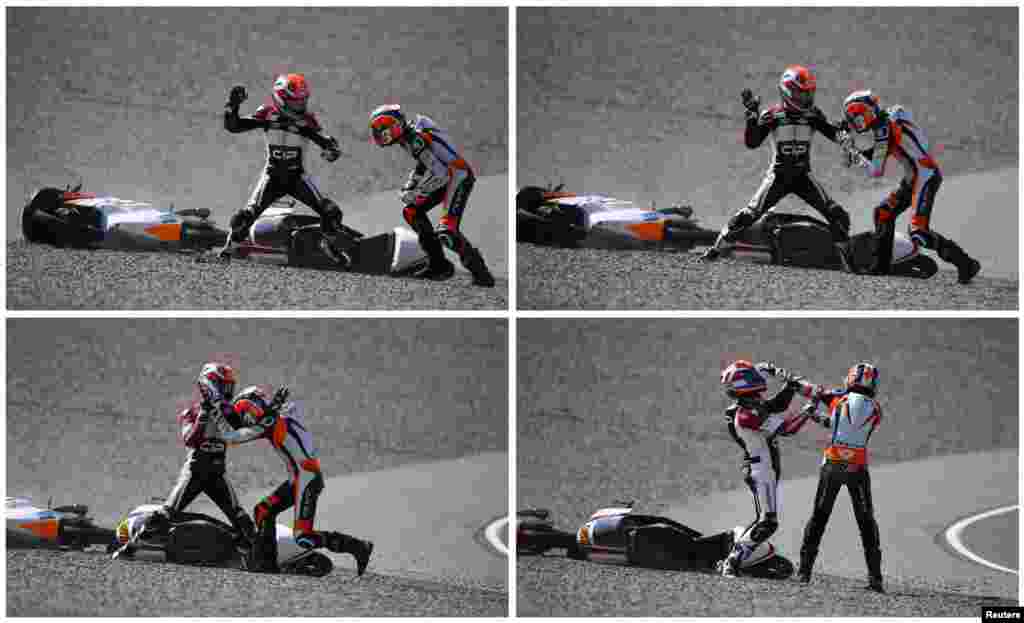 A combination photo shows Mahindra Moto3 rider Bryan Schouten of the Netherlands fighting with compatriot Kalex KTM Moto3 rider Scott Deroue (R) after they crashed during the German Grand Prix at the Sachsenring circuit in the eastern German town of Hohen