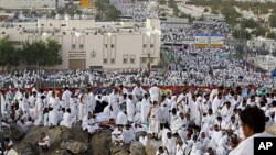 Muslim pilgrims pray on Mount Mercy on the plains of Arafat during the annual haj pilgrimage, outside the holy city of Mecca, Saudi Arabia, November 5, 2011.