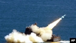 This file photo dated 04 September 2003 shows a Hsiung Feng II ship-to-ship missile being launched.