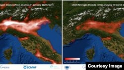 Nitrogen dioxide analysis comparison over northern Italy. (Credit: Copernicus Atmosphere Monitoring Service (CAMS); ECMWF)