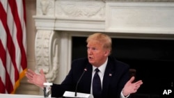 President Donald Trump tells reporters that he is taking zinc and hydroxychloroquine during a meeting with restaurant industry executives about the coronavirus response, in the State Dining Room of the White House, Monday, May 18, 2020, in…