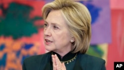 Democratic presidential candidate Hillary Rodham Clinton speaks to child care workers during a visit to the Center For New Horizons, May 20, 2015, in Chicago. 