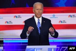 Democratic presidential hopeful former US Vice President Joseph R. Biden Jr. speaks during the second Democratic primary debate of the 2020 presidential campaign season hosted by NBC News at the Adrienne Arsht Center for the Performing Arts in Miami…