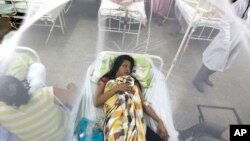 Seorang pasien demam dengue tidur di dalam kelambu, di Luque, Paraguay, 5 Februari 2016.