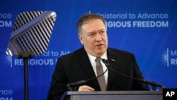 Secretary of State Mike Pompeo speaks at the Ministerial to Advance Religious Freedom, Thursday, July 18, 2019, at the U.S. State Department in Washington. (AP Photo/Patrick Semansky)