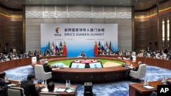 A plenary session of the BRICS Summit is held in Xiamen, Fujian province, China, Sept. 4, 2017. 